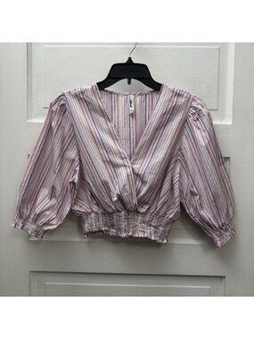 Page One Women’s XS Striped Wrap Crop Top 100% Cotton Puff Sleeve Smocked
